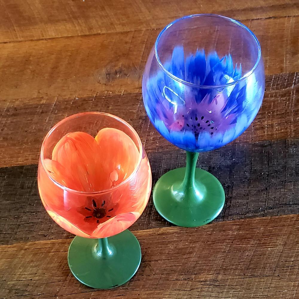 Flowers painted on wine glasses