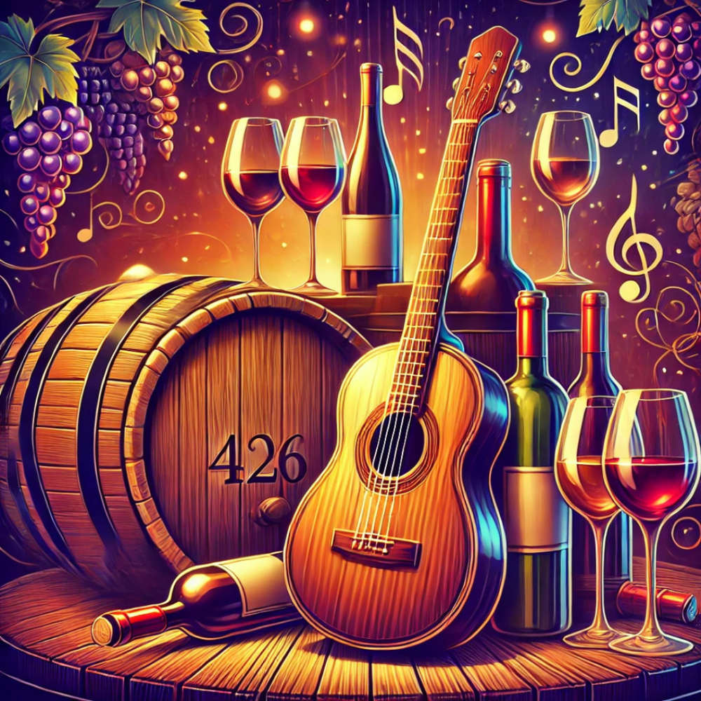 Guitar with music label and wine theme